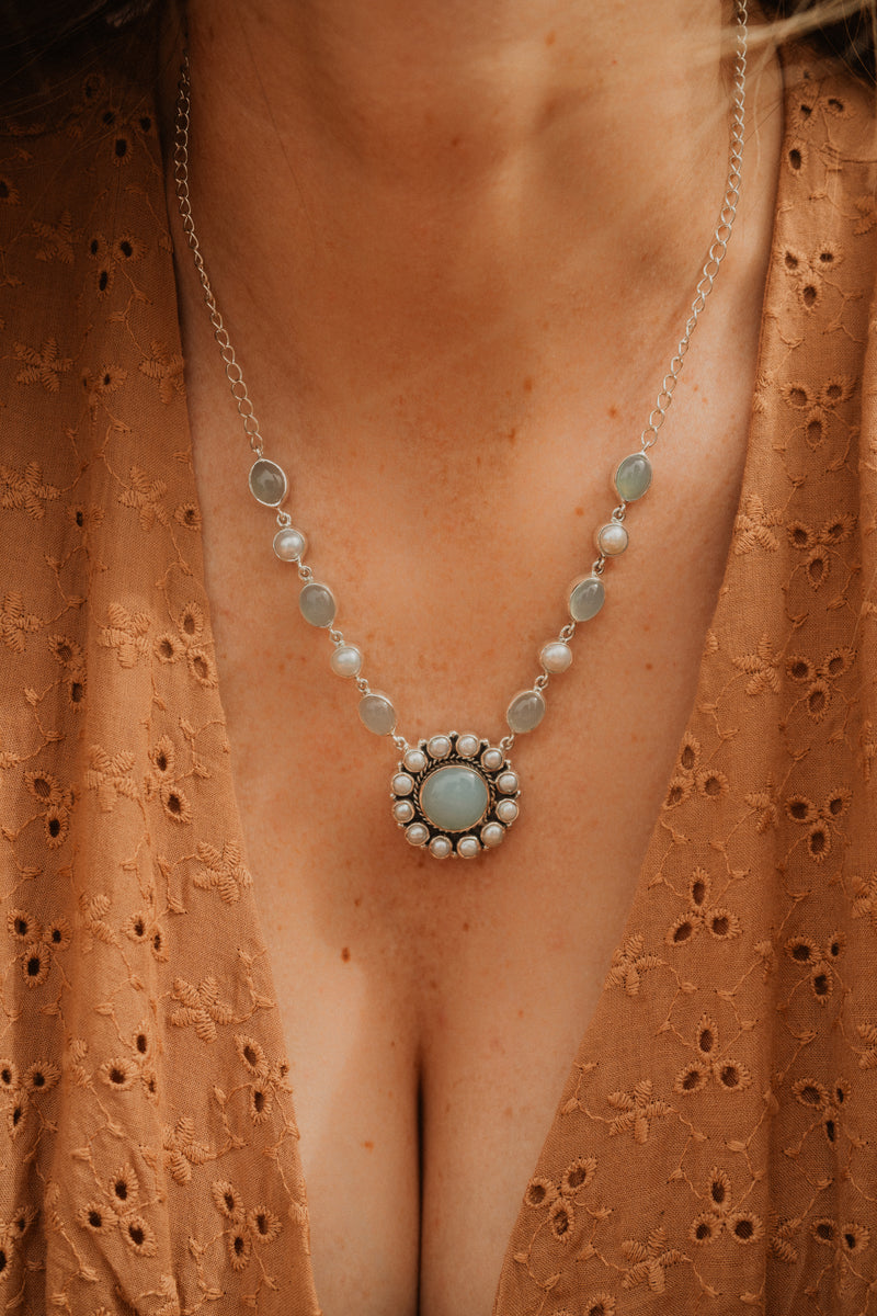 Evelyn Necklace | Aqua Chalcedony + Pearl