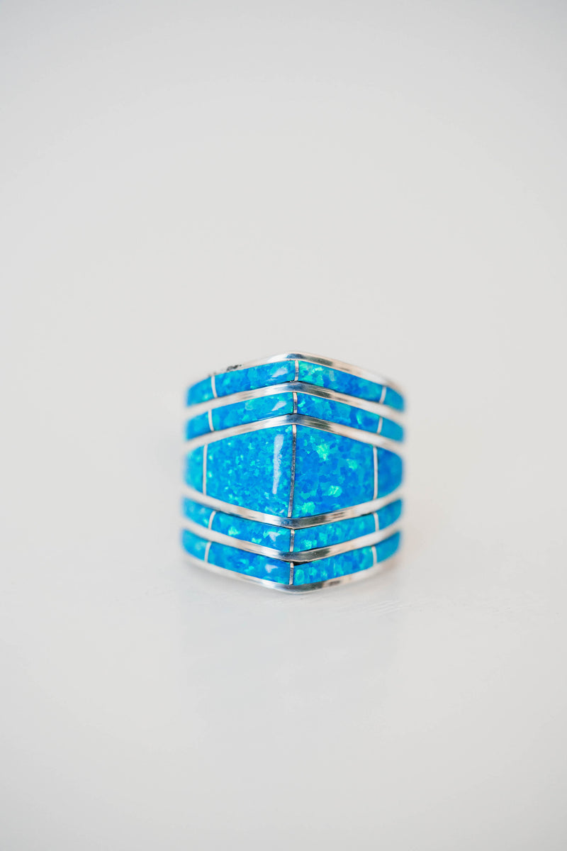 Double Bar Shield Ring | Blue Opal