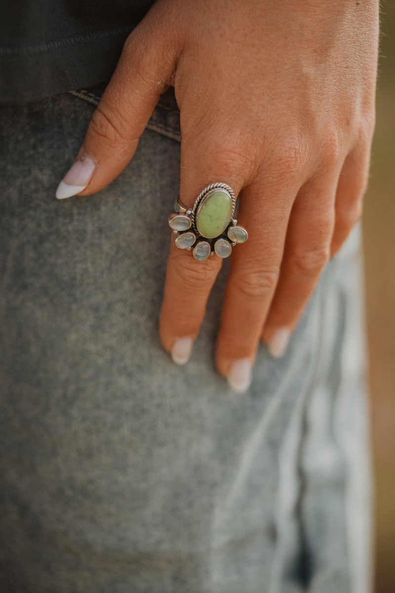 Anora Ring | Lemon Chrysoprase + Moonstone