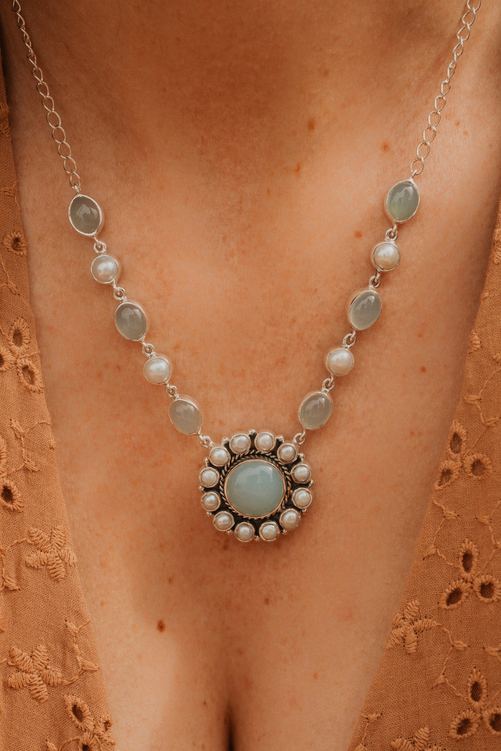 Evelyn Necklace | Aqua Chalcedony + Pearl