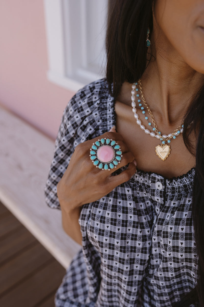 Doria Ring | Pink Petalite + Turquoise